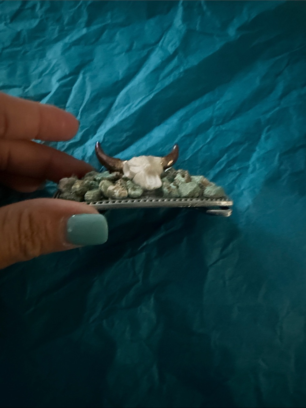 Turquoise Stone Bull Skull Western Belt Buckle - Picture 4 of 6